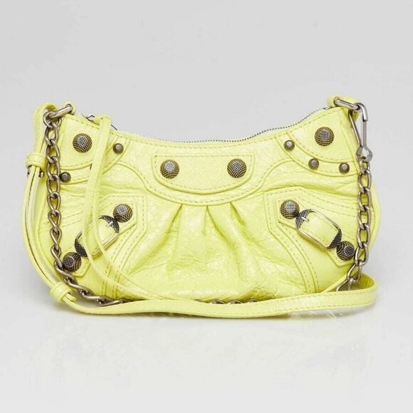Balenciaga Neon Yellow Lambskin Leather Le Cagole Mini Crossbody Bag - Picture 1 of 12